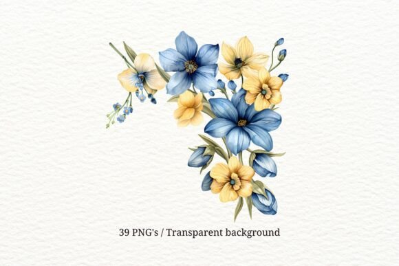 39 PNG Blue Yellow Floral Clipart Set