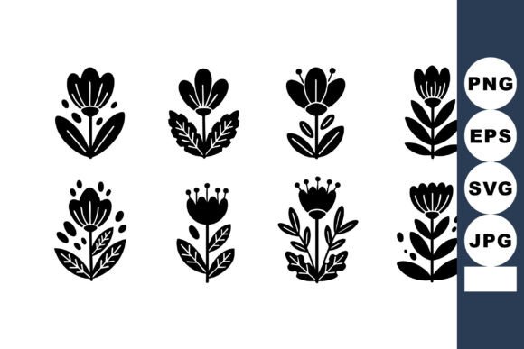 Black Silhouette Floral Icons Set with V