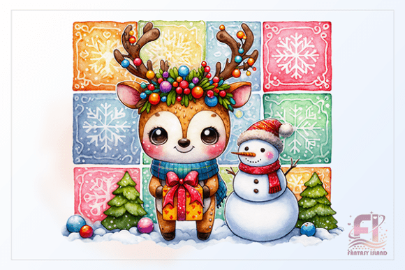 Cute Christmas Deer Snowman Watercolor Guide