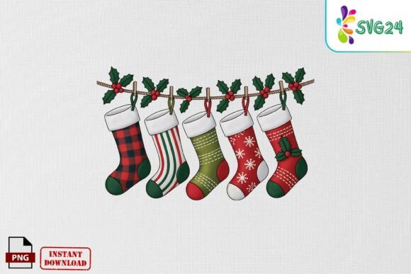 Enhancing Holiday Designs with Christmas Stockings Garland Embroidery PNG Assets