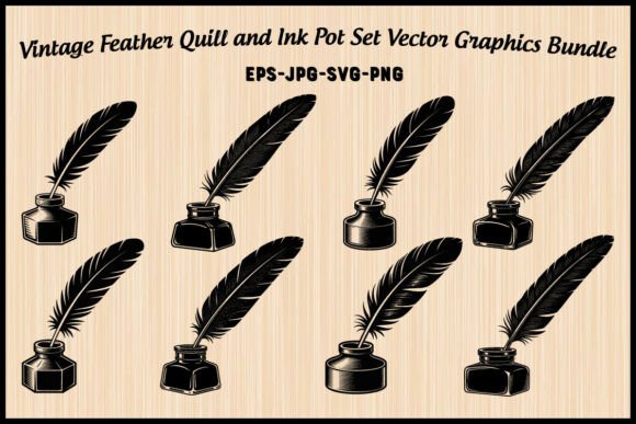 Mastering Historical Design Aesthetics with Feather Quill and Ink Pot Vector Graphics