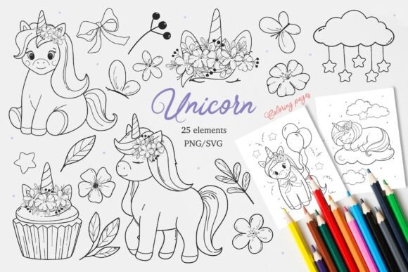 Unicorns SVG PNG Coloring Pages
